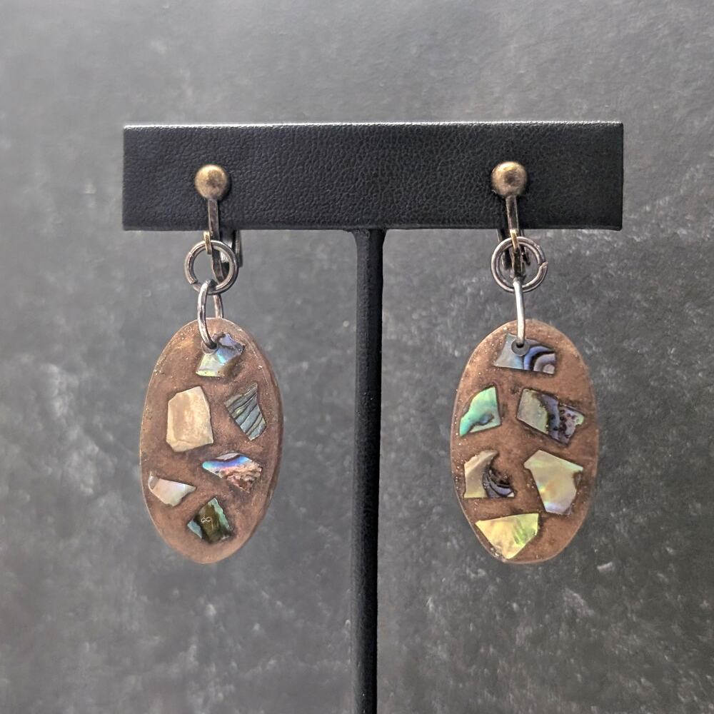 Vintage Clip On Earrings Brown Oval with Inlayed Abalone Drop Dangle Statement
